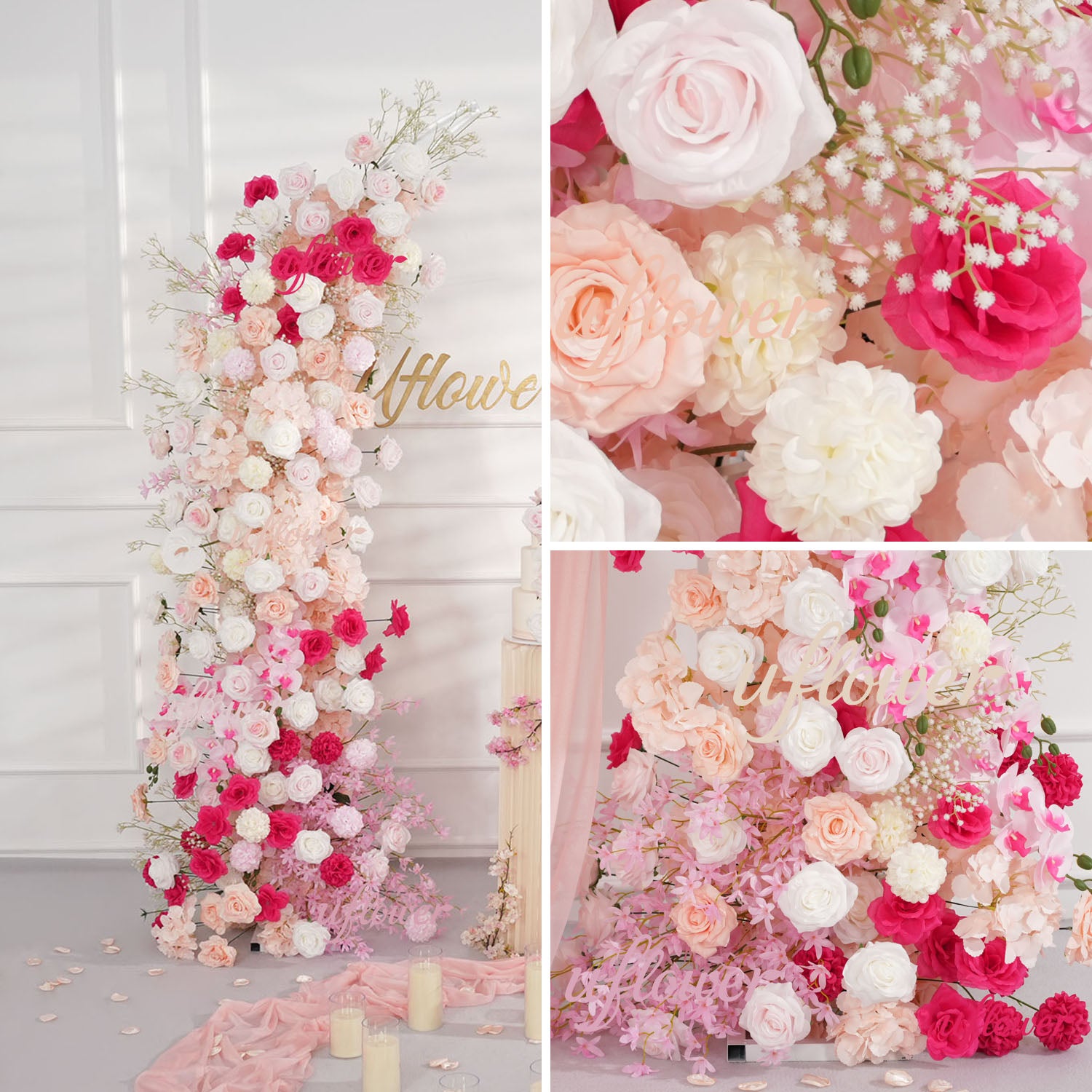 Uflower Pink White Floral Horn Arch Wedding Party Backdrop Decor